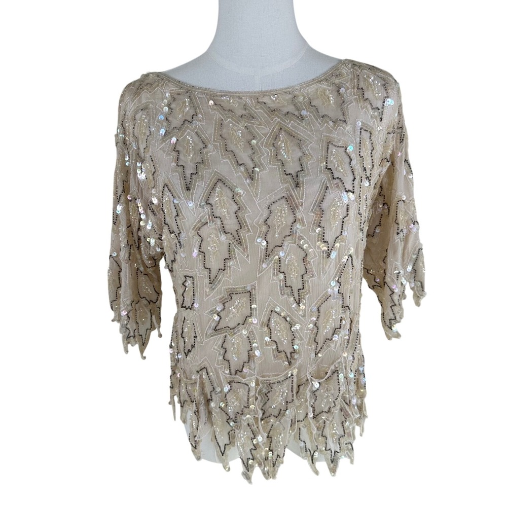 VTG Scala Beaded Blouse Women L Cream Art Deco Silk Sequin Evening Glam Top